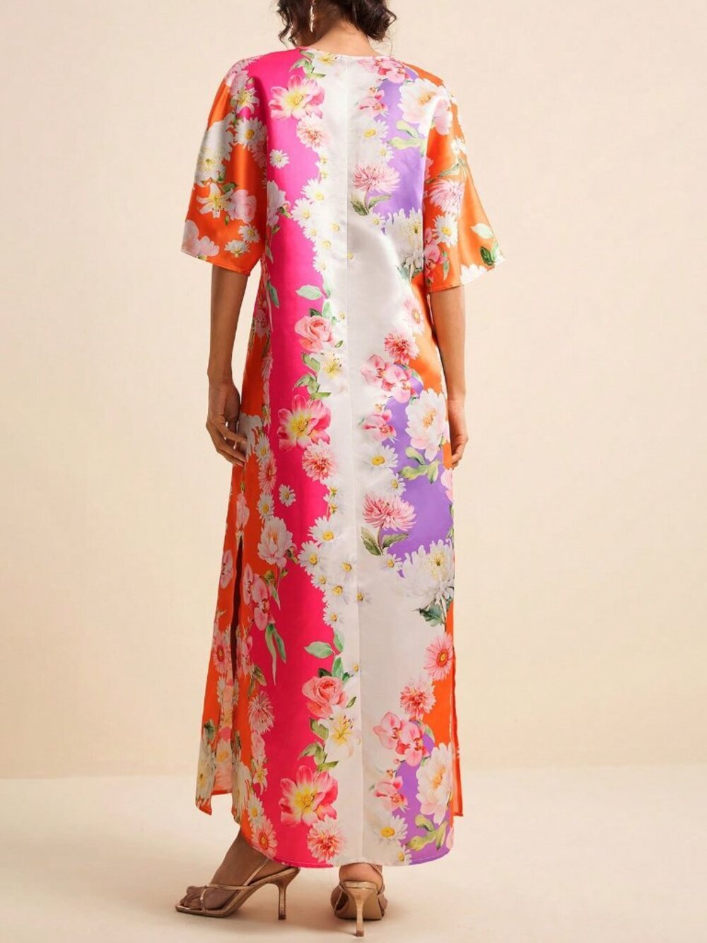 Multicolor Boho Tropical Floral Women's V-Neck Short Sleeve Printed Dress - Picture 2 of 8